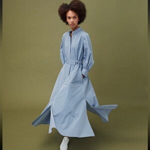 AKRIS Punto Striped Poplin Cotton Belted Midi Dress in Blue Size US 10